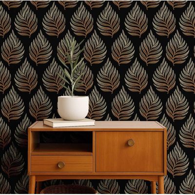 Papel de Parede Autoadesivo Padrão Samambaia, Vinílico Impermeável, Preto, Removível, Ideal para Quarto e Sala de Jantar - S4Sassy 63,5 cm (L) × 609,6 cm (C) / Preto - Vinil Texturizado