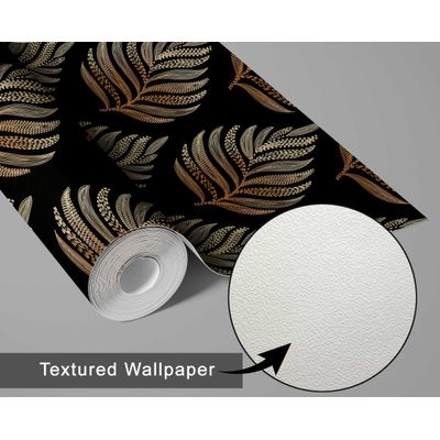Papel de Parede Autoadesivo Padrão Samambaia, Vinílico Impermeável, Preto, Removível, Ideal para Quarto e Sala de Jantar - S4Sassy 63,5 cm (L) × 609,6 cm (C) / Preto - Vinil Texturizado