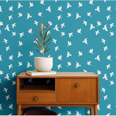 Papel de Parede Pássaros em Voo Azul, Vinil Autoadesivo, Adesivo Decorativo, Fácil Aplicação para Quarto, Sala e Ambientes - S4Sassy 63,5 cm (L) × 152,4 cm (C) / Azul - Vinil Texturizado