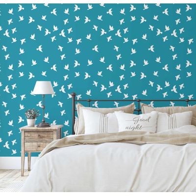 Papel de Parede Pássaros em Voo Azul, Vinil Autoadesivo, Adesivo Decorativo, Fácil Aplicação para Quarto, Sala e Ambientes - S4Sassy 63,5 cm (L) × 152,4 cm (C) / Azul - Vinil Texturizado