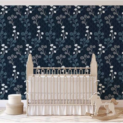 Papel de Parede Autoadesivo Vinil Removível Azul Estampa Floral de Botões, Parede de Destaque para Entrada e Escritório, Solução - S4sassy 63,5 cm (L) × 609,6 cm (C) / Azul - Vinil Texturizado