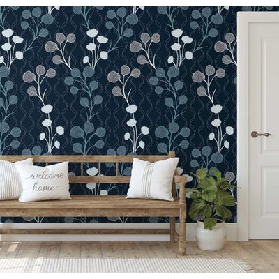 Papel de Parede Autoadesivo Vinil Removível Azul Estampa Floral de Botões, Parede de Destaque para Entrada e Escritório, Solução - S4sassy 63,5 cm (L) × 609,6 cm (C) / Azul - Vinil Texturizado