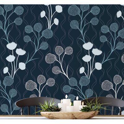 Papel de Parede Autoadesivo Vinil Removível Azul Estampa Floral de Botões, Parede de Destaque para Entrada e Escritório, Solução - S4sassy 63,5 cm (L) × 609,6 cm (C) / Azul - Vinil Texturizado