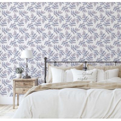 Papel de Parede Autoadesivo Vinílico Estampa Samambaia Botânica Azul Removível para Parede de Entrada, Solução Fácil de Decoração - S4sassy 63,5 cm (L) × 609,6 cm (C) / Azul - Vinil Liso