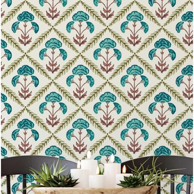 Papel de Parede Vinílico Autoadesivo Padrão Floral em Diamante, Estilo Asiático, Fácil para Quarto e Salas - Verde - S4Sassy 63,5 cm (L) × 609,6 cm (C) / Verde - Vinil Liso