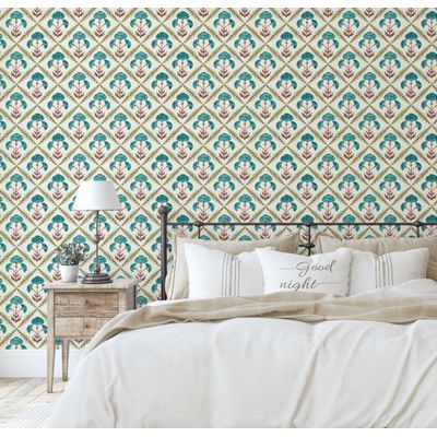 Papel de Parede Vinílico Autoadesivo Padrão Floral em Diamante, Estilo Asiático, Fácil para Quarto e Salas - Verde - S4Sassy 63,5 cm (L) × 609,6 cm (C) / Verde - Vinil Liso