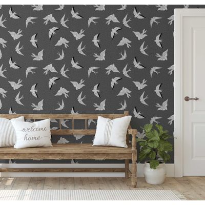 Papel de Parede Autoadesivo Pássaros Voando com Pontos, Vinil Cinza Removível para Parede de Entrada, Decoração Fácil - S4sassy 63,5 cm (L) × 152,4 cm (C) / Cinza - Vinil Liso