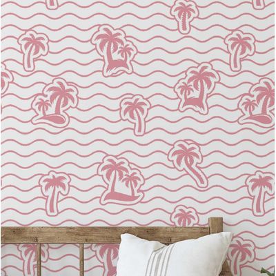 Papel de Parede Vinílico Autoadesivo Removível Estampa Ilha com Palmeiras Azul para Banheiro, Lavanderia, Closet - S4Sassy 63,5 cm (L) × 914,4 cm (C) / Azul - Vinil Liso