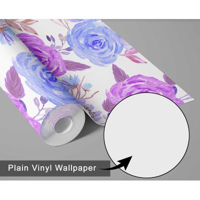 Papel de Parede Aquarela Buquê de Rosas, Roxo, Vinil Autoadesivo, Revestimento Decorativo, Fácil Instalação DIY para Quarto, Sala - S4Sassy 63,5 cm (L) × 304,8 cm (C) / Roxo - Vinil Texturizado