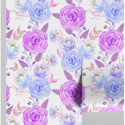 Papel de Parede Aquarela Buquê de Rosas, Roxo, Vinil Autoadesivo, Revestimento Decorativo, Fácil Instalação DIY para Quarto, Sala - S4Sassy 63,5 cm (L) × 304,8 cm (C) / Roxo - Vinil Texturizado
