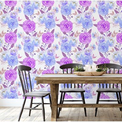 Papel de Parede Aquarela Buquê de Rosas, Roxo, Vinil Autoadesivo, Revestimento Decorativo, Fácil Instalação DIY para Quarto, Sala - S4Sassy 63,5 cm (L) × 304,8 cm (C) / Roxo - Vinil Texturizado
