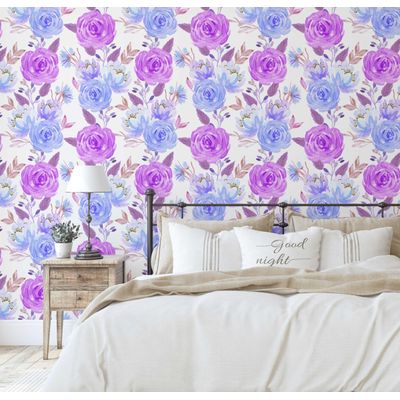 Papel de Parede Aquarela Buquê de Rosas, Roxo, Vinil Autoadesivo, Revestimento Decorativo, Fácil Instalação DIY para Quarto, Sala - S4Sassy 63,5 cm (L) × 304,8 cm (C) / Roxo - Vinil Texturizado