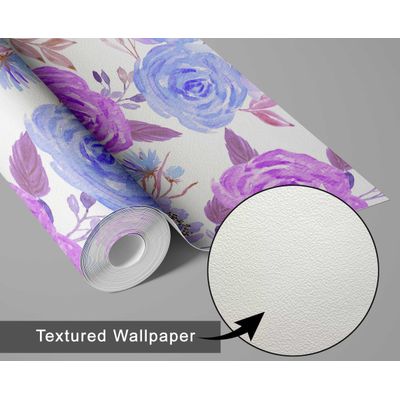 Papel de Parede Aquarela Buquê de Rosas, Roxo, Vinil Autoadesivo, Revestimento Decorativo, Fácil Instalação DIY para Quarto, Sala - S4Sassy 63,5 cm (L) × 304,8 cm (C) / Roxo - Vinil Texturizado