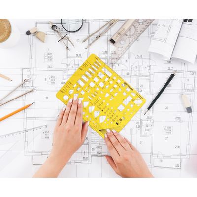 Gabarito Arquitetônico Traceease para Interiores (Cozinha e Banheiro), Estêncil Plástico Medidor, 24,7 cm x 20,3 cm - IBA Crafts Amarelo