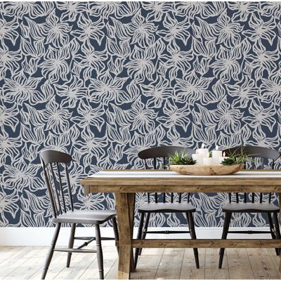 Contact Autoadesivo Removível Azul Contemporâneo, Rolo Vinil Impermeável com Estampa Floral Linear para Paredes, Armários e Cômoda - S4sassy 63,5 cm (L) × 914,4 cm (C) / Azul - Vinil Texturizado