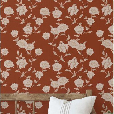 Papel de Parede Autoadesivo, Estampa Bege com Rosas Marrom, Vinil Impermeável, Removível, para Inquilinos, Quarto/Sala/Jantar - S4Sassy 63,5 cm (L) × 304,8 cm (C) / Marrom - Vinil Texturizado