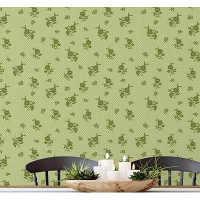 Papel de Parede Autoadesivo, Estampa Folha Pontilhada e Flores, Vinil Impermeável Verde, Removível para Locatário, Quarto e Sala - S4sassy 63,5 cm (L) × 304,8 cm (C) / Verde - Vinil Liso