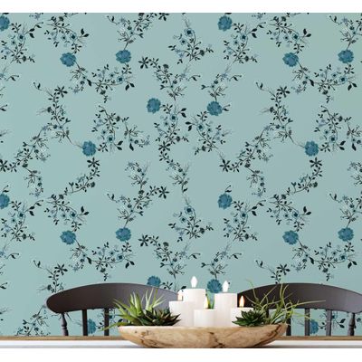 Papel de Parede Autoadesivo Estampa Floral Silvestre Delicada Vinílico Impermeável Azul Removível para Inquilinos Quarto e Sala - S4sassy 63,5 cm (L) × 304,8 cm (C) / Azul - Vinil Liso