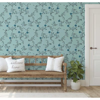Papel de Parede Autoadesivo Estampa Floral Silvestre Delicada Vinílico Impermeável Azul Removível para Inquilinos Quarto e Sala - S4sassy 63,5 cm (L) × 304,8 cm (C) / Azul - Vinil Liso