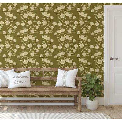 Papel de Parede Autoadesivo Vinílico Impermeável, Trepadeira de Rosas (Bege/Verde), Removível, para Locatários, Quarto/Sala/Jantar - S4sassy 63,5 cm (L) × 304,8 cm (C) / Verde - Vinil Liso