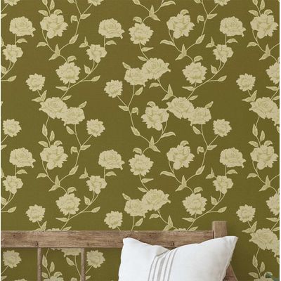 Papel de Parede Autoadesivo Vinílico Impermeável, Trepadeira de Rosas (Bege/Verde), Removível, para Locatários, Quarto/Sala/Jantar - S4sassy 63,5 cm (L) × 304,8 cm (C) / Verde - Vinil Liso