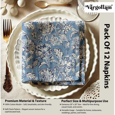 Guardanapos Sky Bloom Musselina Algodão c/12, 51x51 cm, Azul, p/ Jantares Românticos, Primavera, Uso Diário, Lavável à Máquina - Vargottam 50,8 Cm × 50,8 Cm – Pacote Com 12 Peças / Azul