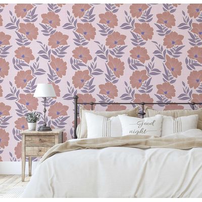 Papel de Parede Autoadesivo Folhagem e Flores Silvestres Azul/Rosa, Vinil Impermeável Removível, para Quarto e Sala de Jantar - S4sassy 63,5 cm (L) × 304,8 cm (C) / Rosa - Vinil Liso