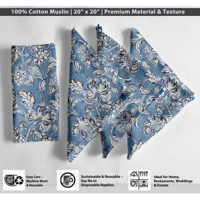 Guardanapos Sky Bloom Musselina Algodão c/12, 51x51 cm, Azul, p/ Jantares Românticos, Primavera, Uso Diário, Lavável à Máquina - Vargottam 50,8 Cm × 50,8 Cm – Pacote Com 12 Peças / Azul