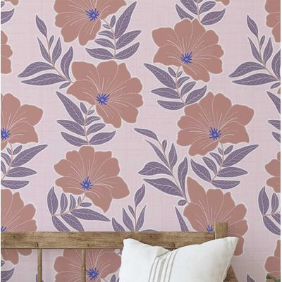 Papel de Parede Autoadesivo Folhagem e Flores Silvestres Azul/Rosa, Vinil Impermeável Removível, para Quarto e Sala de Jantar - S4sassy 63,5 cm (L) × 304,8 cm (C) / Rosa - Vinil Liso