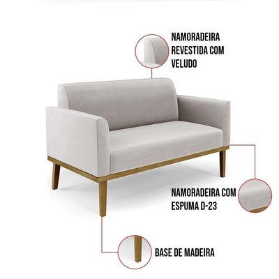 Sofá Namoradeira Base De Madeira Fixa Castanho Marisa Veludo D03 - D?rossi Cor Cinza