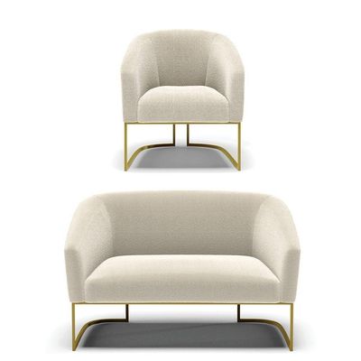 Sofá Namoradeira E Poltrona Base Industrial Dourado Stella Bouclê D03 - D'rossi Cor Bege