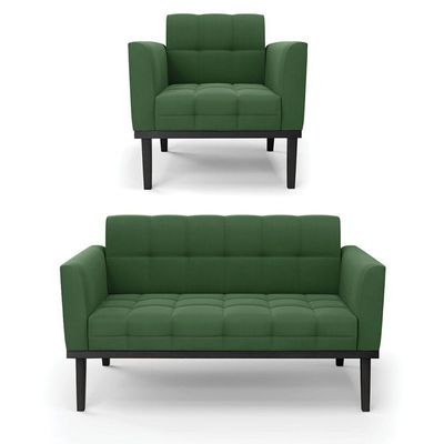 Sofá Namoradeira E Poltrona Base De Madeira Preto Elisa Suede D03 - D'rossi Cor Verde