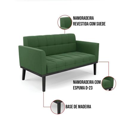 Sofá Namoradeira E Poltrona Base De Madeira Preto Elisa Suede D03 - D'rossi Cor Verde