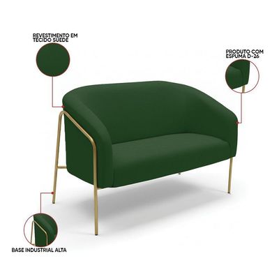 Sofá 2 Lugares Namoradeira Stella Base Industrial Alta Dourada Suede D03 - D'rossi Verde