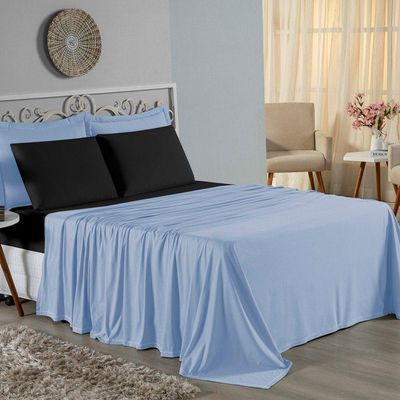 Jogo De Cama Solteiro Nobre 3 Peças Lençol Com Elástico De 30cm De Altura Malha 100% Algodão - Azul-bebê / Preto