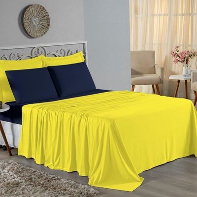 Jogo De Cama Solteiro Nobre 3 Peças Lençol Com Elástico De 30cm De Altura Malha 100% Algodão - Amarelo / Azul-marinho