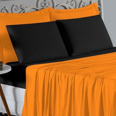 Jogo De Cama Casal Viúva Nobre 4 Peças Malha 100% Algodão - Laranja / Preto
