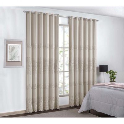 Cortina Liz Bordada Para Varão Simples 3,00m X 2,60m Com Forro 100% Poliéster - Bege