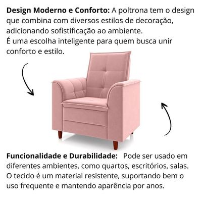 Poltrona Decorativa Estofada Confortável Sala Miley Suede Rosa