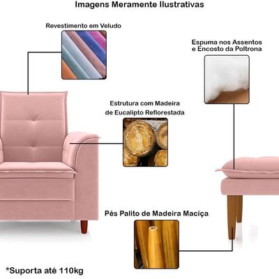Poltrona Amamentação Confortável Com Puff Ivy Veludo Rosa