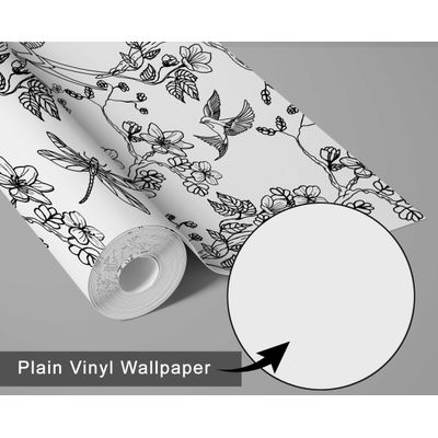 Papel de Parede Autoadesivo Preto com Pássaros e Libélulas, Vinil Removível para Parede de Entrada, Solução Fácil - S4sassy 63,5 cm (L) × 304,8 cm (C) / Preto - Vinil Liso
