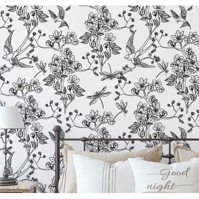 Papel de Parede Autoadesivo Preto com Pássaros e Libélulas, Vinil Removível para Parede de Entrada, Solução Fácil - S4sassy 63,5 cm (L) × 304,8 cm (C) / Preto - Vinil Liso