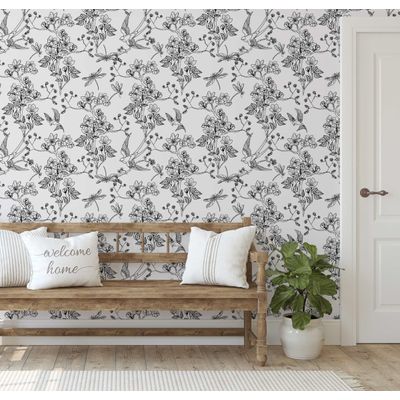 Papel de Parede Autoadesivo Preto com Pássaros e Libélulas, Vinil Removível para Parede de Entrada, Solução Fácil - S4sassy 63,5 cm (L) × 304,8 cm (C) / Preto - Vinil Liso