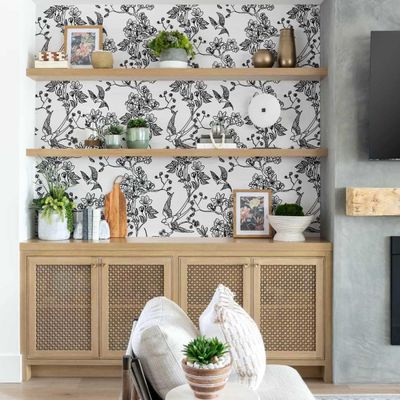 Papel de Parede Autoadesivo Preto com Pássaros e Libélulas, Vinil Removível para Parede de Entrada, Solução Fácil - S4sassy 63,5 cm (L) × 304,8 cm (C) / Preto - Vinil Liso