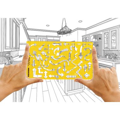 Régua Plástica com Estêncil Geométrico para Bullet Journal, Setas e Símbolos de Desenho e Marcação, 17,7 cm x 10,1 cm - Traceease Amarelo