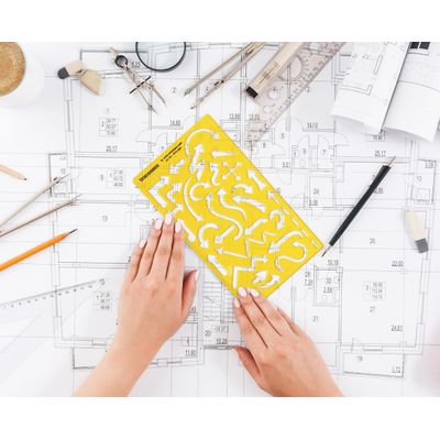 Régua Plástica com Estêncil Geométrico para Bullet Journal, Setas e Símbolos de Desenho e Marcação, 17,7 cm x 10,1 cm - Traceease Amarelo