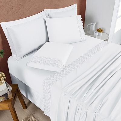 Jogo Cama Lençol Bouclê King Micro Percal 200 Fios c/ Laise Bordada 4 Peças - Branco Neve
