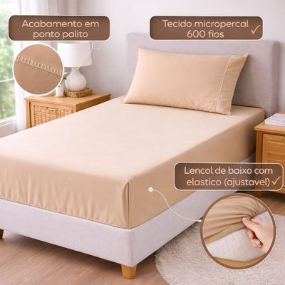 Jogo de Lençol Solteiro Premium Soft 600 Fios Micropercal Avelã Ponto Palito Toque Macio 2 Peças