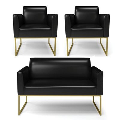 Sofá Namoradeira Com 2 Poltronas Base Industrial Dourado Marisa Corano Preto D03 - D'rossi
