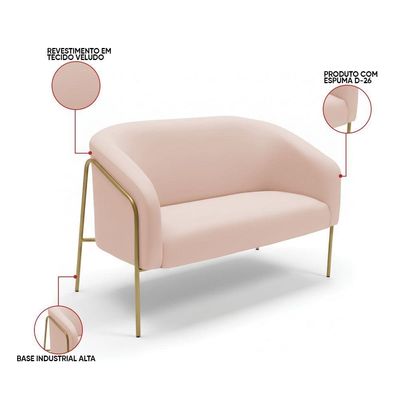 Sofá 2 Lugares Namoradeira Stella Base Industrial Alta Dourada Veludo D03 - D'rossi Cor Rose